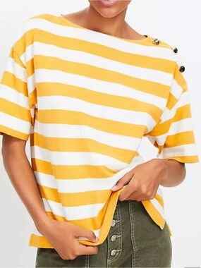 LOFT Mustard & Cream Striped Button Shoulder 100% Cotton Top XL NWT